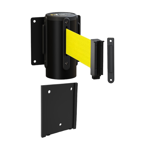 Montour Line Retr. Belt Barrier Removable Black Metal Wall Mnt 11ft Fl.Yel Belt (F) WM115-BK-FYW-RM-S-110 - main
